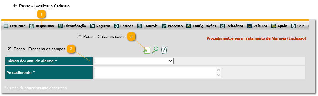 7.2. Como cadastrar de procedimento de alarmes