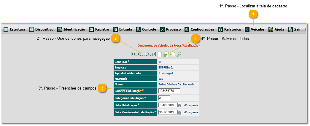 8.8. Como cadastrar controle de condutores e habilitação